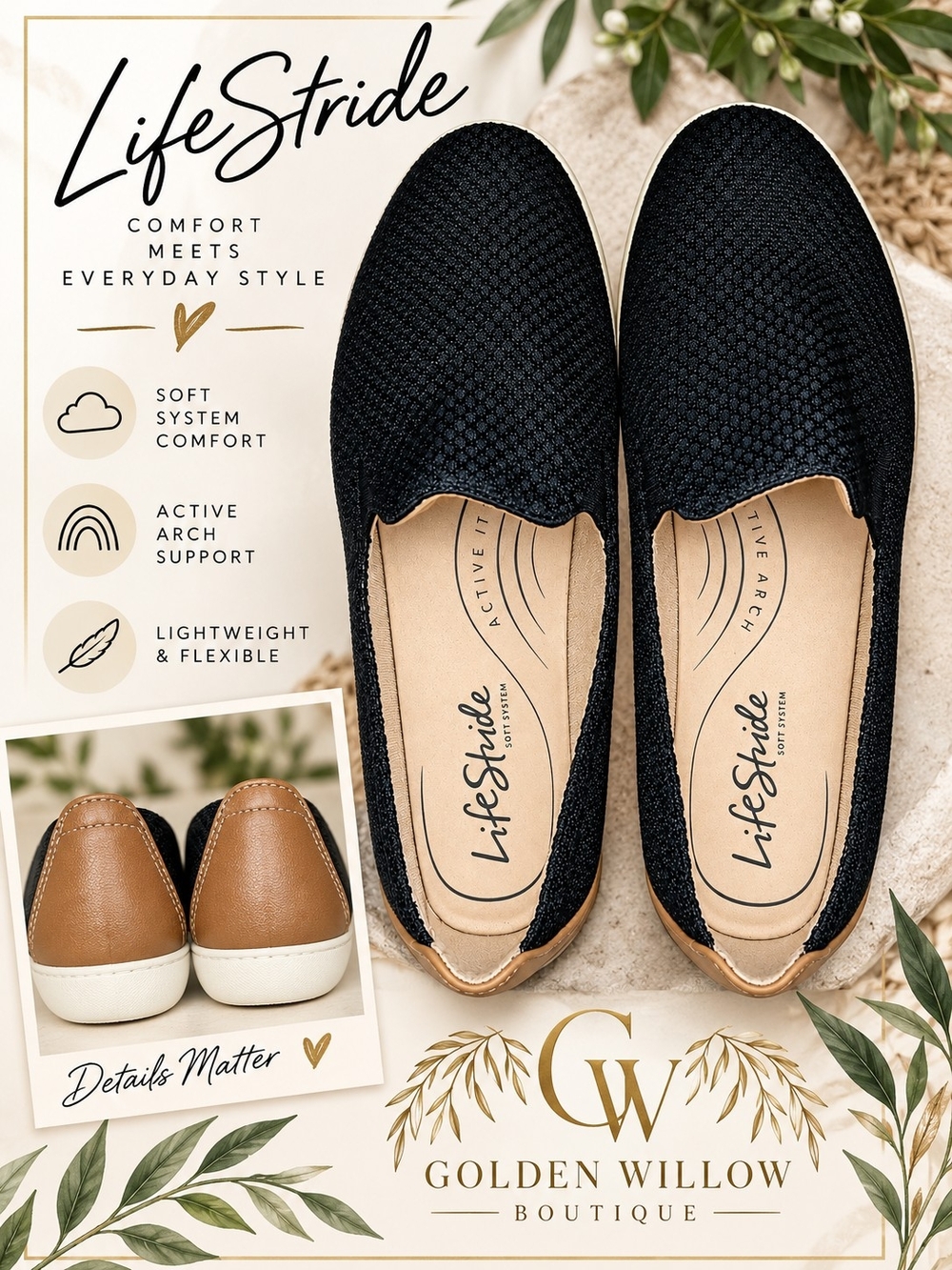 Life Stride Black Knit Slip-Ons with Brown Heel Accent